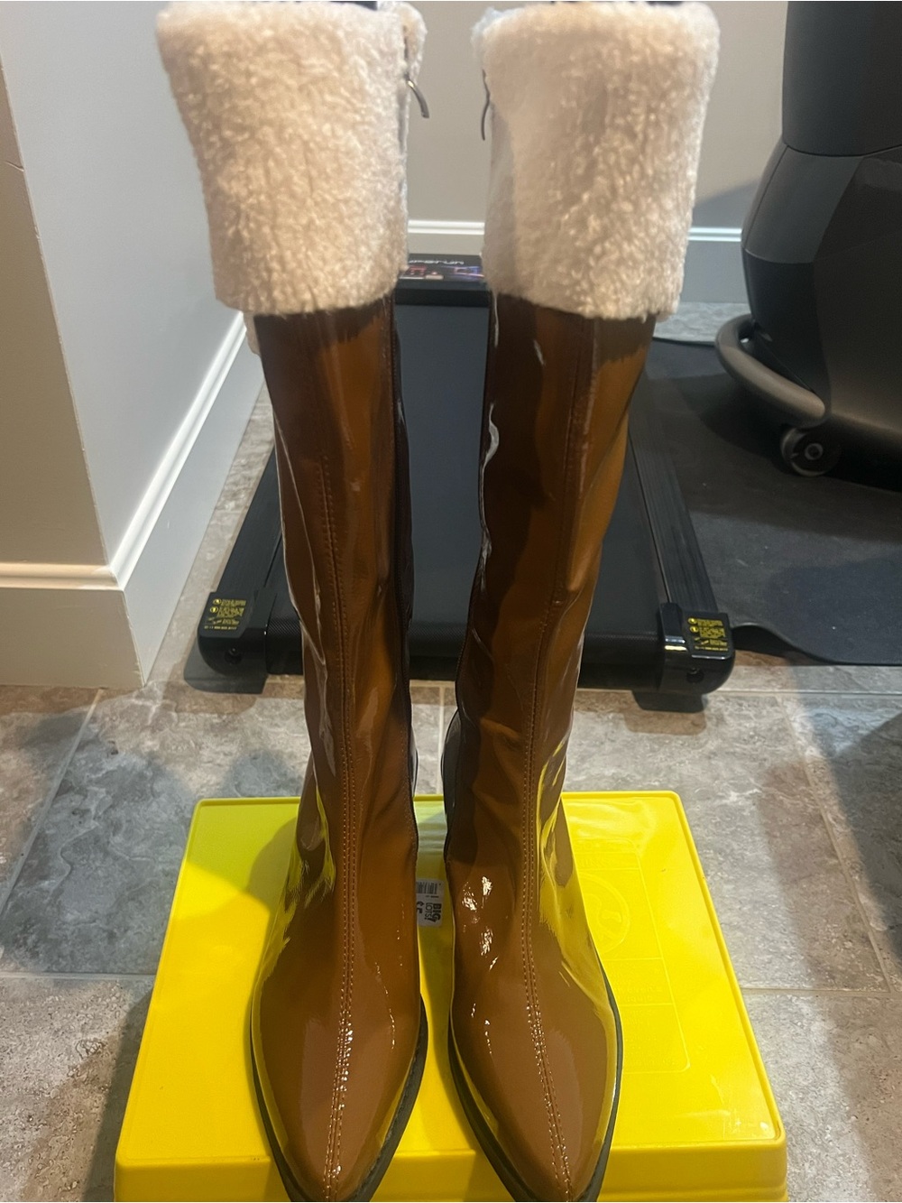 Brown Patent Knee-High Boots with White Faux Shearling Cuff